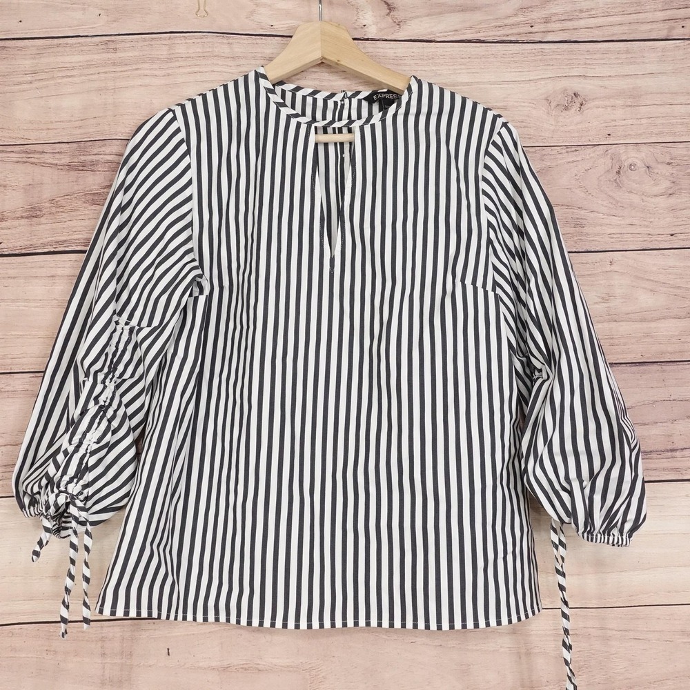 Express Blouse Womens M Black Stripe Round‎ Neck Balloon Sleeve Tie Cuff Top